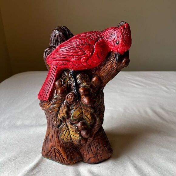Vintage 70s Chalkware Statue Red Cardinal Perched in Tree Branch Hand Painted - Picture 8 of 12